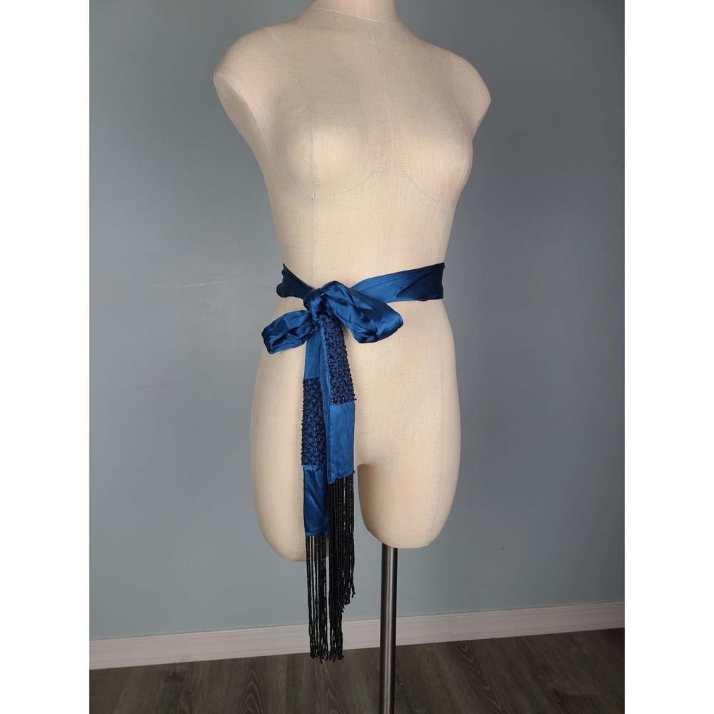 Handmade 100% Silk Satin Sash Beaded Tassels Peacock Blue Whimsigoth Victorian